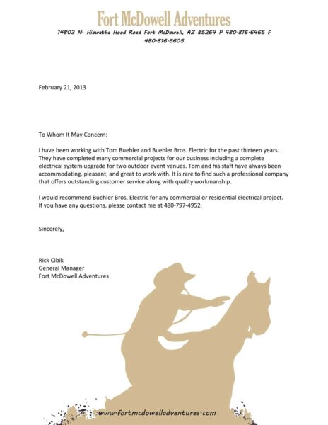 watt masters reference letter from Fort McDowell Adventures for many commercial projects