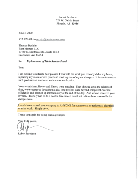 watt masters reference letter from Robert Jacobson for commercial solar installation in Arizona
